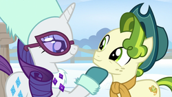 Size: 1920x1080 | Tagged: safe, screencap, pistachio, rarity, earth pony, pony, unicorn, g4, my little pony best gift ever, clothes, cute, female, glasses, hat, hoof under chin, male, mare, out of context, shipping fuel, stallion, teenager, winter outfit