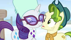 Size: 1920x1080 | Tagged: safe, screencap, pistachio, rarity, earth pony, pony, unicorn, best gift ever, g4, cowboy hat, cute, duo, eyes closed, female, glasses, hat, male, mare, raribetes, smiling, stallion, teenager