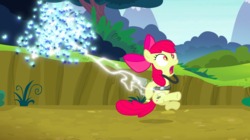 Size: 1440x804 | Tagged: safe, screencap, apple bloom, earth pony, pony, twittermite, bloom & gloom, g4, season 5, bow, butt, cropped, electrocution, female, filly, foal, hair bow, lightning, literal butthurt, open mouth, pain, pest control gear, plot, solo, swarm, twitbuster apple bloom