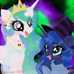 Size: 3500x3500 | Tagged: safe, artist:darkest-lunar-flower, princess celestia, princess luna, alicorn, pony, spider, g4, abstract background, blushing, clothes, costume, crown, cute, duo, duo female, female, hat, high res, jewelry, looking at each other, mare, necklace, nightmare night, open mouth, regalia, royal sisters, siblings, signature, sisters, smiling, sweater, witch hat