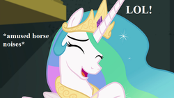 Size: 768x432 | Tagged: safe, edit, edited screencap, editor:korora, screencap, princess celestia, equestria girls, equestria girls specials, g4, my little pony equestria girls: better together, my little pony equestria girls: forgotten friendship, crown, cute, cutelestia, descriptive noise, female, horse noises, jewelry, lol, reaction image, regalia, solo