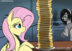 Size: 1024x724 | Tagged: safe, artist:jcosneverexisted, fluttershy, oc, oc:alexander, g4, cooking, doodle, flutterxander, food, pancakes, patreon, sitting, surprised, this will end in weight gain
