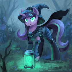 Size: 2000x2000 | Tagged: safe, artist:asimos, starlight glimmer, pony, unicorn, g4, alternate hairstyle, cape, clothes, costume, female, green eyes, halloween, halloween costume, hat, high res, holiday, magic, mare, no pupils, s5 starlight, smiling, solo, witch, witch hat
