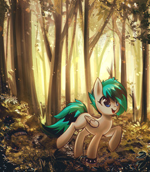 Size: 3067x3511 | Tagged: safe, artist:mirroredsea, oc, oc only, oc:frostfire, pegasus, pony, g4, female, forest, high res, mare, smiling, solo, tree
