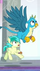 Size: 365x637 | Tagged: safe, screencap, gallus, sandbar, earth pony, griffon, pony, a matter of principals, g4, chest fluff, cropped, cutie mark, duo, male, spread wings, tail, wings