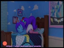 Size: 960x720 | Tagged: safe, artist:omochalaroo, oc, oc only, oc:alexxis, pony, 3d, baby, baby pony, bedroom, blender, blender cycles, diaper, dream, female, filly, foal, patreon, patreon logo, ponyville, sleeping, zbrush