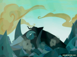 Size: 500x374 | Tagged: safe, edit, edited screencap, screencap, queen chrysalis, changeling, changeling queen, g4, season 6, to where and back again, animated, animation error, autobot, chrysalis encounters heroes, clash of hasbro's titans, crossover, drill, female, former queen chrysalis, gif, glowing horn, hissing, horn, magic, sharp teeth, signal lancer, spear, staff, such as, teeth, traffic light, transformers, transformers cybertron, transformers galaxy force, twirl, weapon