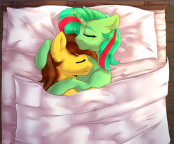 Size: 3000x2500 | Tagged: safe, artist:tigra0118, oc, oc only, oc:figure eight, unnamed oc, pony, bed, commission, couple, cuddling, eyes closed, high res, in bed, lovely, morning ponies, sleeping, under the covers
