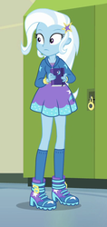 Size: 392x832 | Tagged: safe, screencap, trixie, equestria girls, equestria girls series, forgotten friendship, g4, book, boots, clothes, cropped, female, high heel boots, high heels, hoodie, kneesocks, shoes, skirt, socks, solo