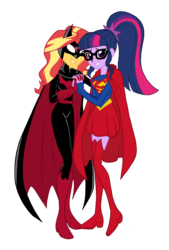 Size: 2366x3500 | Tagged: safe, artist:edcom02, artist:jmkplover, sci-twi, sunset shimmer, twilight sparkle, equestria girls, g4, batwoman, clothes, colored, costume, duo, female, glasses, halloween, halloween costume, high res, holding hands, lesbian, miniskirt, ship:sci-twishimmer, ship:sunsetsparkle, shipping, simple background, skirt, smiling, socks, supergirl, thigh boots, thigh highs, transparent background