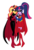 Size: 2366x3500 | Tagged: safe, artist:edcom02, artist:jmkplover, sci-twi, sunset shimmer, twilight sparkle, equestria girls, g4, batwoman, clothes, colored, costume, duo, female, glasses, halloween, halloween costume, high res, holding hands, lesbian, miniskirt, ship:sci-twishimmer, ship:sunsetsparkle, shipping, simple background, skirt, smiling, socks, supergirl, thigh boots, thigh highs, transparent background