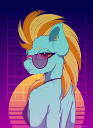 Size: 2000x2750 | Tagged: safe, artist:skitsroom, lightning dust, pegasus, anthro, g4, ear piercing, female, high res, looking back, mare, piercing, retrowave, solo, sunglasses