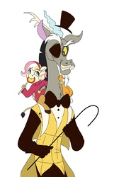 Size: 1247x1939 | Tagged: safe, artist:pastel-charms, discord, oc, oc:harmonic chord, hybrid, g4, bill cipher, candy, clothes, costume, father and daughter, female, food, gravity falls, interspecies offspring, lollipop, male, nightmare night costume, offspring, parent:discord, parent:fluttershy, parents:discoshy, simple background, white background