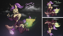 Size: 2100x1200 | Tagged: safe, artist:reaper3d, oc, oc only, horse, unicorn, zebra, zebracorn, anthro, 2018, broom, clothes, cloud, equine, female, flying, flying broomstick, hair, halloween, holiday, solo