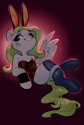 Size: 2272x3386 | Tagged: safe, artist:aphphphphp, oc, oc only, pegasus, pony, bunny ears, bunny suit, clothes, crossed legs, cuffs (clothes), female, high res, mare, smiling, solo