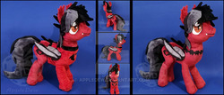 Size: 1024x439 | Tagged: safe, artist:appledew, bat pony, pony, bat wings, clandestine industries, clothes, commission, ear fluff, fall out boy, fangs, folded wings, hair over one eye, hoodie, irl, male, pete wentz, photo, plushie, ponified, shirt, slit pupils, smiling, solo, stallion, tattoo, undershirt, watermark, wings