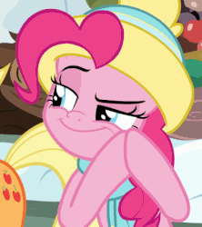 Size: 400x450 | Tagged: safe, screencap, applejack, pinkie pie, pony, g4, my little pony best gift ever, animated, clothes, cropped, female, hat, mare, raised eyebrow, rubbing hooves, scarf, solo focus, winter outfit