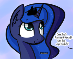 Size: 1276x1035 | Tagged: safe, artist:artiks, princess luna, alicorn, pony, g4, bronybait, dialogue, female, mare, nodding, offscreen character, simple background, solo, ye olde butcherede englishe