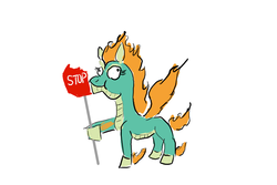 Size: 1500x1000 | Tagged: safe, artist:horsesplease, tianhuo (tfh), them's fightin' herds, community related, derp, eating, female, nom, paint tool sai, random, road sign, sign, simple background, smiling, solo, stop sign, tianhuo and a road sign, white background