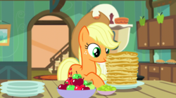 Size: 1440x809 | Tagged: safe, screencap, applejack, earth pony, pony, bloom & gloom, g4, apple, bowl, breakfast, dishes, dream, female, food, mare, pancakes, smiling, solo
