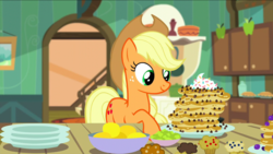 Size: 1440x811 | Tagged: safe, screencap, applejack, earth pony, pony, bloom & gloom, g4, bowl, breakfast, chocolate chips, dishes, dream, female, food, lemon, mare, muffin, pancakes, smiling, solo, whipped cream