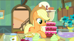 Size: 1440x809 | Tagged: safe, screencap, applejack, earth pony, fish, pony, bloom & gloom, g4, breakfast, cake, cinnamon bun, cupcake, dog biscuit, dream, female, flower, food, honey, jar, mare, punch (drink), punch bowl, smiling, solo focus