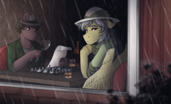 Size: 4092x2486 | Tagged: safe, artist:royvdhel-art, daring do, oc, oc:phillip finder, pony, semi-anthro, fanfic:ponyville noire, g4, arm hooves, bottle, chessboard, clothes, dexterous hooves, fanfic art, hat, hoof hold, letter, looking over shoulder, magnifying glass, phiring, pith helmet, rain, worried