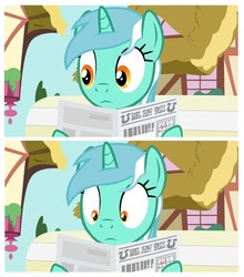Size: 1080x1225 | Tagged: safe, editor:apex soundwave, lyra heartstrings, pony, unicorn, epic rage time, g4, bench, female, foal free press, mare, newspaper, ponyville, reaction image, shocked, solo