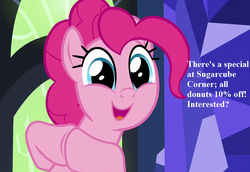 Size: 1024x704 | Tagged: safe, edit, edited screencap, editor:korora, screencap, pinkie pie, earth pony, pony, father knows beast, g4, bronybait, cropped, cute, diapinkes, female, implied sale, solo, twilight's castle