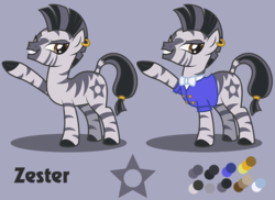 Size: 1100x800 | Tagged: safe, artist:lightning stripe, derpibooru exclusive, oc, oc only, oc:zester, pony, zebra, g4, bowtie, brown eyes, buttons, clothes, cutie mark, ear piercing, earring, eyelashes, female, gray, gray background, jewelry, mare, piercing, reference sheet, shit eating grin, show accurate, simple background, solo, striped mane, stripes, suit, zebra oc