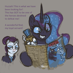 Size: 1011x1011 | Tagged: safe, artist:bigrigs, nightmare moon, rarity, trixie, alicorn, pegasus, pony, unicorn, g4, alternate hairstyle, alternate timeline, comic book, female, gray background, grin, hair bun, lidded eyes, mare, missing accessory, night maid rarity, nightmare takeover timeline, rarity is not amused, royal guard, simple background, smiling, this will end in tears, unamused