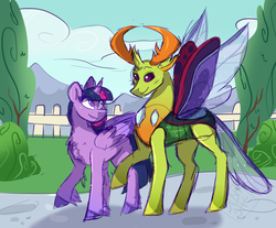 Size: 1164x964 | Tagged: dead source, safe, artist:slushshe, thorax, twilight sparkle, alicorn, changedling, changeling, pony, g4, antlers, bush, chest fluff, cloud, cute, female, king thorax, looking at each other, male, mountain, road, shipping, size difference, smiling, straight, town, tree, twilight sparkle (alicorn), twirax