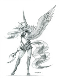 Size: 1000x1327 | Tagged: safe, artist:baron engel, princess luna, alicorn, anthro, unguligrade anthro, g4, breasts, female, grayscale, looking at you, mare, monochrome, pencil drawing, sailor moon (series), sailor senshi, scepter, simple background, solo, traditional art, white background