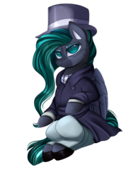 Size: 2395x3072 | Tagged: safe, artist:pridark, oc, oc only, oc:baron winterwill, pegasus, pony, clothes, cloven hooves, commission, hat, high res, male, simple background, sitting, solo, suit, top hat, transparent background, ych result