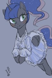 Size: 1000x1480 | Tagged: safe, artist:yanamosuda, princess luna, alicorn, pony, g4, blushing, clothes, dress, female, gray background, mare, simple background, smiling, solo