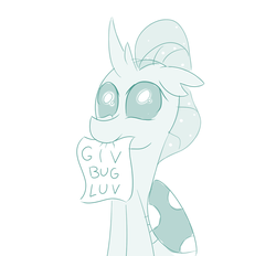 Size: 1102x1023 | Tagged: safe, artist:sintakhra, ocellus, changedling, changeling, tumblr:studentsix, g4, bronybait, cute, cuteling, diaocelles, female, mouth hold, note, nothing but a cute changeling, simple background, sintakhra is trying to murder us, sitting, smiling, solo, tumblr, white background