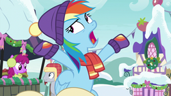 Size: 1280x720 | Tagged: safe, screencap, berry punch, berryshine, lucky clover, rainbow dash, pegasus, pony, g4, my little pony best gift ever, clothes, female, hat, mare, open mouth, scarf, snow, spread hooves, winter outfit