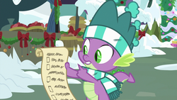 Size: 1280x720 | Tagged: safe, screencap, spike, dragon, g4, my little pony best gift ever, clothes, hat, list, male, scarf, snow, solo, striped scarf, winged spike, wings, winter outfit