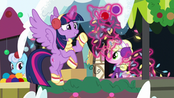 Size: 1280x720 | Tagged: safe, screencap, linky, millie, shoeshine, twilight sparkle, alicorn, pony, g4, my little pony best gift ever, christmas, christmas lights, clothes, earmuffs, female, flying, holiday, magic, magic aura, mare, scarf, spread wings, telekinesis, twilight sparkle (alicorn), wings, winter outfit