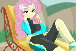 Size: 2048x1365 | Tagged: safe, artist:grapefruitface1, fluttershy, equestria girls, equestria girls specials, g4, my little pony equestria girls: better together, my little pony equestria girls: forgotten friendship, beach, beach chair, bored, chair, clothes, female, fluttershy's wetsuit, looking at you, show accurate, sitting, solo, swimsuit, tree, vulgar description, wetsuit