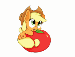 Size: 560x420 | Tagged: safe, artist:taurson, applejack, earth pony, pony, g4, animated, apple, appul, chibi, cowboy hat, cute, eye clipping through hair, female, food, gif, happy, hat, hug, jackabetes, looking up, mare, open mouth, simple background, smiling, solo, spinning, stetson, that pony sure does love apples, tiny, tiny ponies, white background
