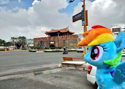 Size: 1024x731 | Tagged: safe, artist:nekokevin, rainbow dash, pegasus, pony, g4, car, cloud, female, irl, mare, photo, plushie, scooter, solo, spread wings, taiwan, wings