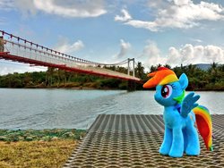 Size: 1024x768 | Tagged: safe, artist:nekokevin, rainbow dash, pegasus, pony, g4, bridge, cloud, female, irl, mare, photo, plushie, river, smiling, solo, spread wings, taiwan, wings