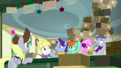 Size: 1438x808 | Tagged: safe, screencap, derpy hooves, november rain, peppermint goldylinks, slate sentiments, strawberry scoop, summer breeze, earth pony, pegasus, pony, unicorn, best gift ever, g4, background pony, box, boxes, butt, clothes, desk, discovery family logo, earmuffs, female, friendship student, hair bun, hat, mailmare, mailmare hat, male, mare, package, plot, post office, scarf, stack, stallion, winter outfit