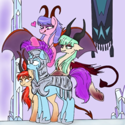 Size: 1198x1200 | Tagged: safe, artist:zigragirl, oc, oc only, oc:candice (succupony), oc:iris (succupony), oc:scarlet (succupony), oc:sunspark, crystal pony, demon, monster pony, pony, succubus, succubus pony, unicorn, armor, crystal empire, eyes on the prize, female, heart, heart tail, imminent sex, licking, licking lips, lucky bastard, male, mare, royal guard, smiling, stallion, succubus oc, succupony, sweat, this will end in snu snu, tongue out, traditional art, wings