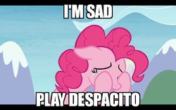 Size: 640x400 | Tagged: safe, edit, edited screencap, screencap, pinkie pie, g4, the maud couple, alexa play despacito, crying, despacito, floating head, hallucination, image macro, meme, sad, shitposting, solo focus, text, this is so sad