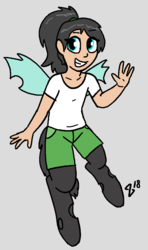 Size: 623x1053 | Tagged: safe, artist:heretichesh, oc, oc only, oc:mistake, changeling, satyr, changeling oc, clothes, female, offspring, parent:queen chrysalis, ponytail, solo