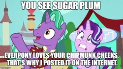 Size: 640x360 | Tagged: safe, edit, edited screencap, screencap, firelight, starlight glimmer, pony, unicorn, g4, the parent map, chipmunk cheeks, dialogue, fathers gonna father, female, image macro, male, mare, meme, sire's hollow, stallion, text