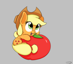Size: 2691x2362 | Tagged: safe, artist:taurson, applejack, earth pony, pony, g4, apple, appul, chibi, cowboy hat, cute, female, food, freckles, gray background, happy, hat, high res, hug, jackabetes, looking up, mare, micro, open mouth, ponytail, simple background, smiling, solo, stetson, that pony sure does love apples, tiny, tiny ponies