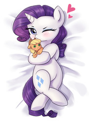 Size: 1000x1370 | Tagged: safe, artist:tcn1205, applejack, rarity, pony, unicorn, g4, applejack plushie, blushing, body pillow, body pillow design, crossed hooves, crossed legs, cute, eyelashes, eyeshadow, female, floating heart, heart, implied lesbian, implied rarijack, implied shipping, looking at you, lying down, makeup, mare, one eye closed, open mouth, plushie, raribetes, solo, wink